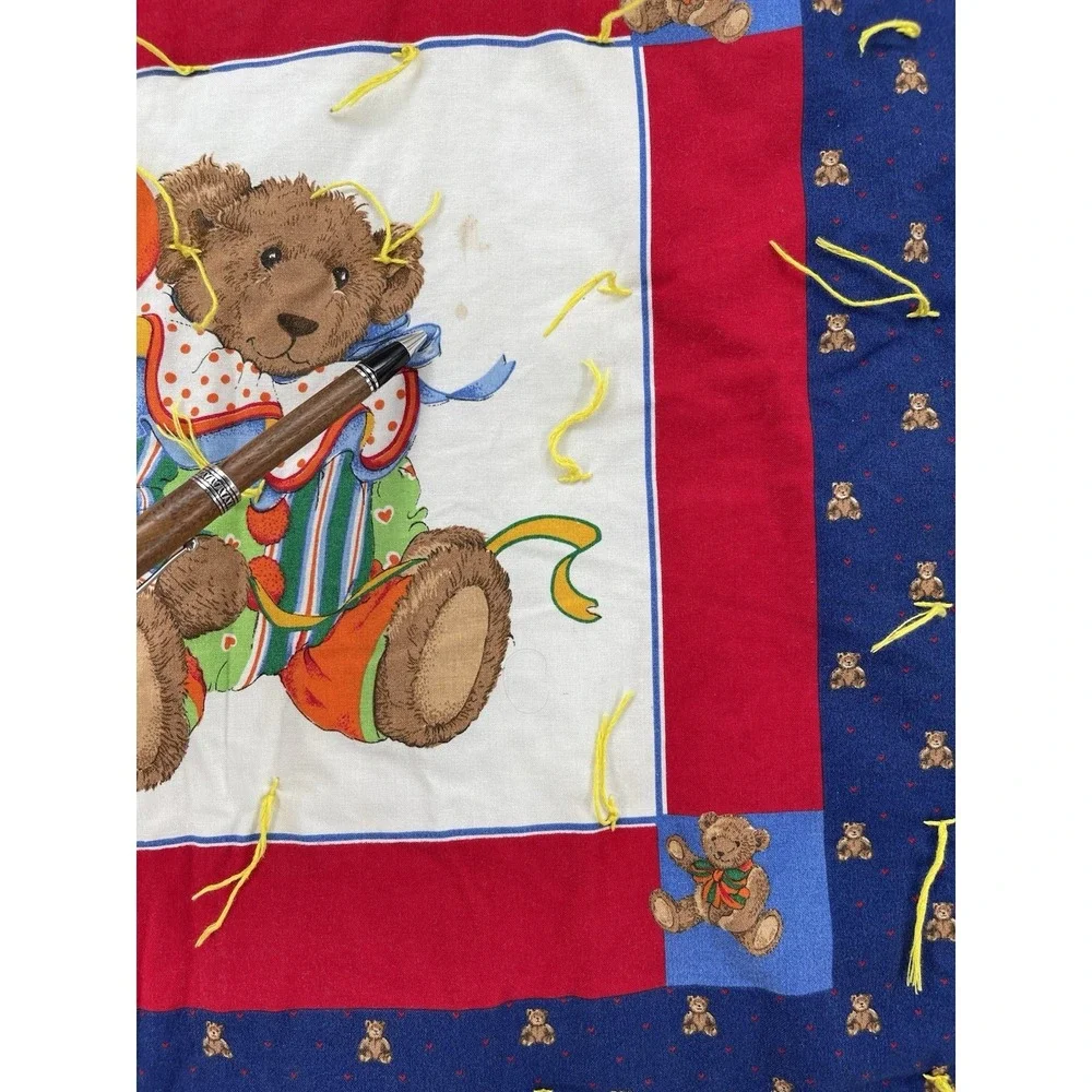 Vintage‎ Handmade Teddy Bear Quilt Blanket Throw Red Blue 39x34 Kids Nursery